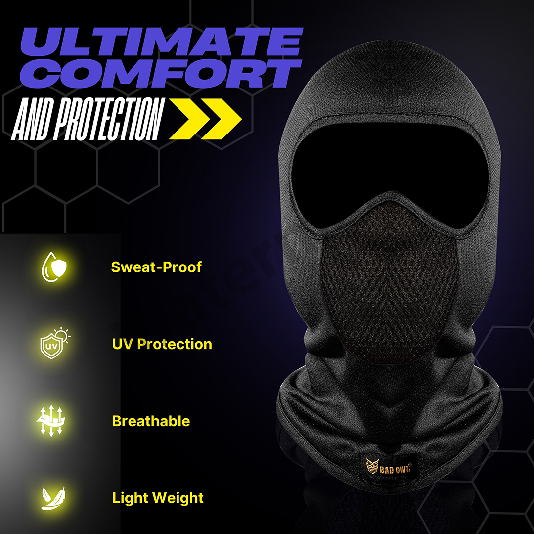 BADOWL Full Face Balaclava for Men & Women ( Black) - UV Protection, Breathable & Stretchable Fabric